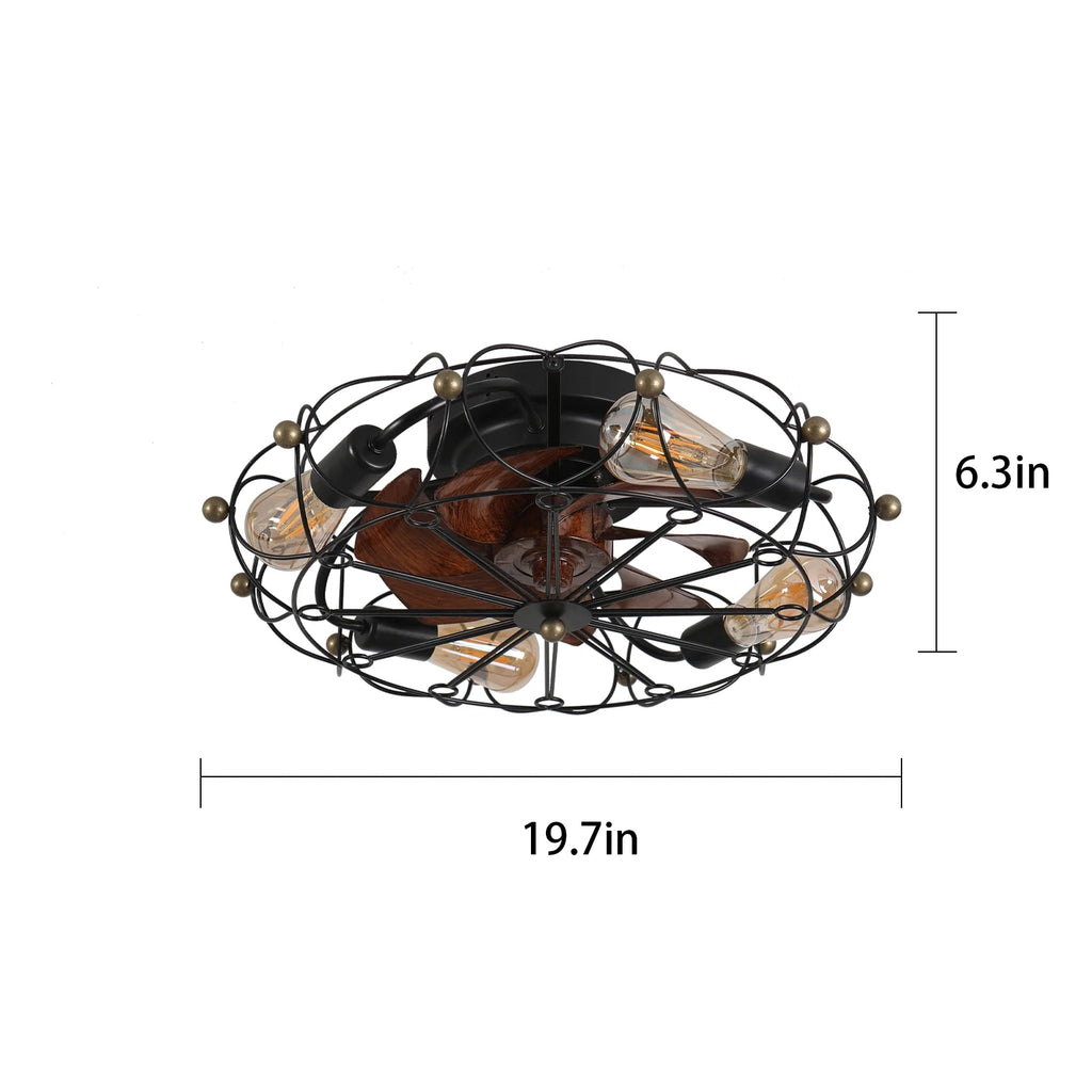 Industrial Cage Ceiling Fan - Low - Profile 7 - Blade Fan with Remote & Light - Modern Rustic Cooling for Small Spaces