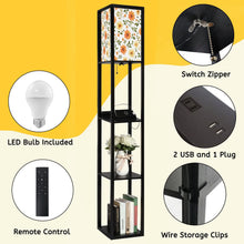 Load image into Gallery viewer, Floor Lamp with Shelves, Modern Dimmable Standing Lamp Floral Corner Display Bookshelf Lamp with 2 USB &amp; 1 Power Outlet for Living Room &amp; Bedroom