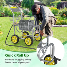 Load image into Gallery viewer, Heavy Duty Metal Garden Hose Reel Cart Holds 300FT of 5/8" Hose with 4 Wheels &amp; Storage Basket, Portable Water Hose Organizer for Yard Lawn