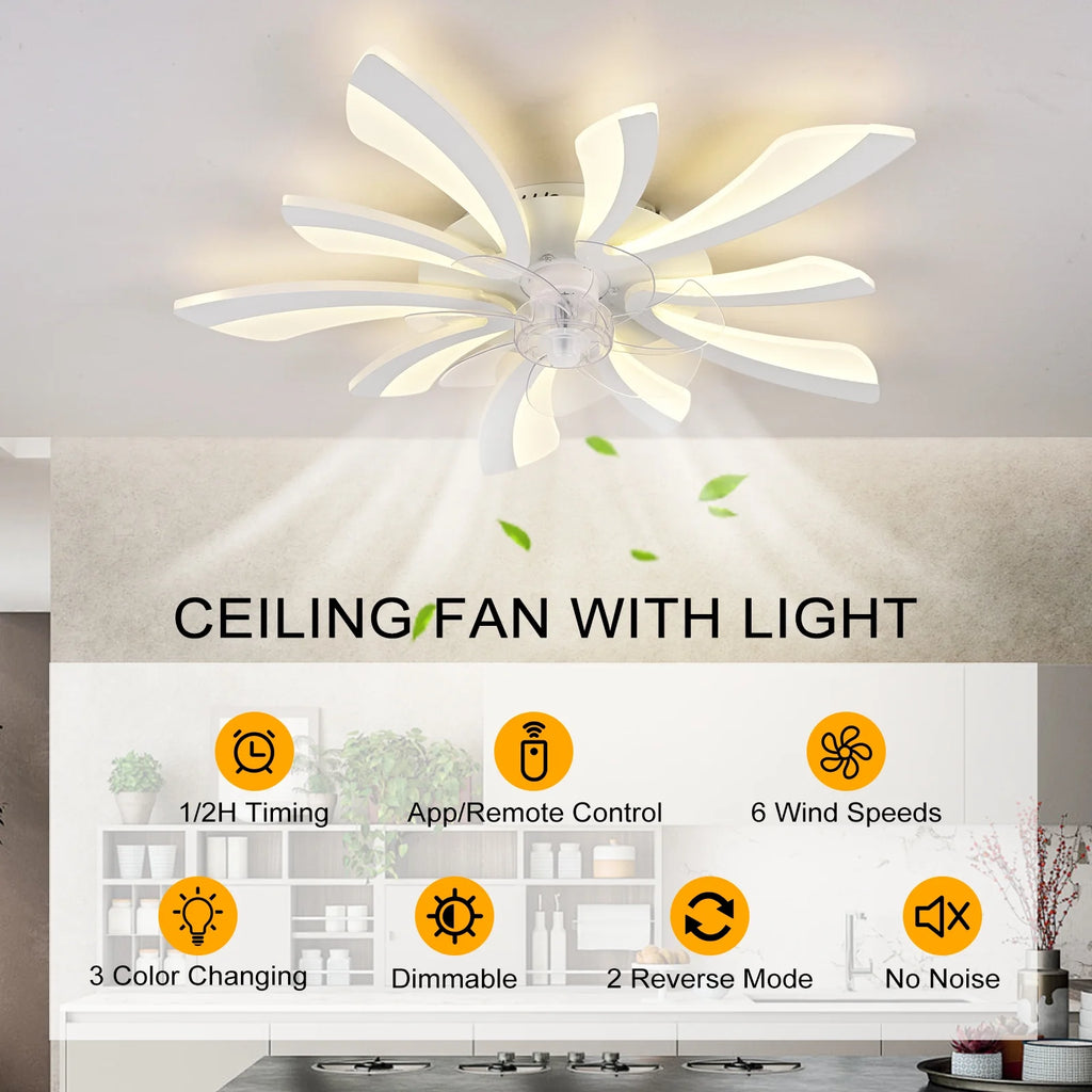 Garwarm Dimmable Ceiling Fan with Light and Remote Control, 27" Small Flush Mounted Ceiling Fan