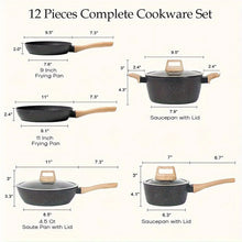 Load image into Gallery viewer, Non - Stick 12 POTS and Pans Set, Cookware Set, Including Frying Pan, Steamer, Silicone Spatula and Tongs - Granite Cooking Set (Black)