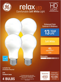 GE Relax 4-Pack 40 W Equivalent Dimmable Soft White A19 LED Light Fixture Light Bulbs