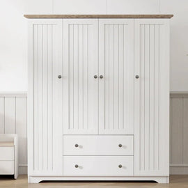 Freestanding 4 - Door Wardrobe Armoire with 2 Drawers and Hanging Rods for Clothes Storage