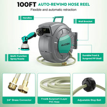 Load image into Gallery viewer, AUOSHI Retractable Garden Hose Reel 1/2" 100ft Automatic Hose Reel with 10 Function Sprayer Nozzle Wall Mount 180 Deg Swivel Bracket Hose Reel