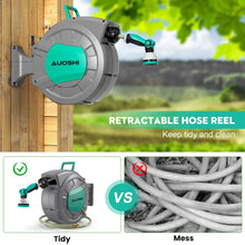 Load image into Gallery viewer, AUOSHI Retractable Garden Hose Reel 1/2" 100ft Automatic Hose Reel with 10 Function Sprayer Nozzle Wall Mount 180 Deg Swivel Bracket Hose Reel