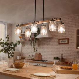 Modern Farmhouse 6-Light Chandelier Glass Bar Kitchen Island Lights - L27.5 inch x W11 inchx H 71.5 inch, Size: L27.5 x W11x H 71.5, Brown