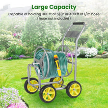 Load image into Gallery viewer, Heavy Duty Metal Garden Hose Reel Cart Holds 300FT of 5/8" Hose with 4 Wheels &amp; Storage Basket, Portable Water Hose Organizer for Yard Lawn