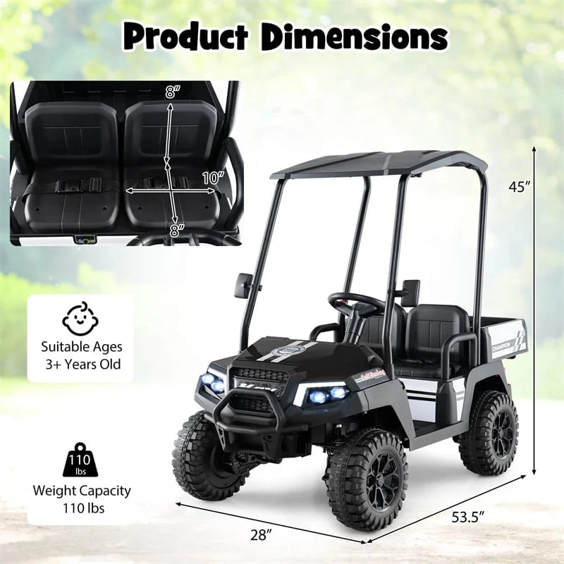 24V 4WD 2-Seater Kids Golf Cart with Sun Shade, Storage Trunk & Remote Control, LED Lights, Electric Ride on Toy Car for Boys Girls Ages 3+
