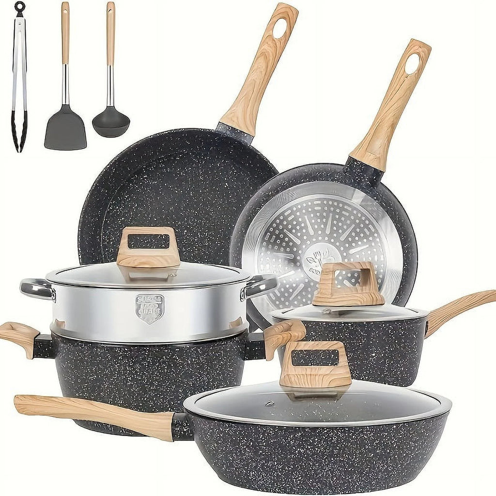 Non - Stick 12 POTS and Pans Set, Cookware Set, Including Frying Pan, Steamer, Silicone Spatula and Tongs - Granite Cooking Set (Black)