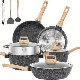 Non - Stick 12 POTS and Pans Set, Cookware Set, Including Frying Pan, Steamer, Silicone Spatula and Tongs - Granite Cooking Set (Black)