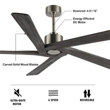 Load image into Gallery viewer, WINGBO 54 DC Ceiling Fan with Lights and Remote Control, 5 Reversible Carved Wood Blades Brass/Black