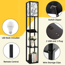 Load image into Gallery viewer, Floor Lamp with Shelves, Modern Dimmable Standing Lamp Floral Corner Display Bookshelf Lamp with 2 USB &amp; 1 Power Outlet for Living Room &amp; Bedroom