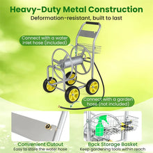 Load image into Gallery viewer, Heavy Duty Metal Garden Hose Reel Cart Holds 300FT of 5/8" Hose with 4 Wheels &amp; Storage Basket, Portable Water Hose Organizer for Yard Lawn