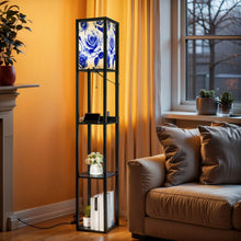 Load image into Gallery viewer, Floor Lamp with Shelves, Modern Dimmable Standing Lamp Floral Corner Display Bookshelf Lamp with 2 USB &amp; 1 Power Outlet for Living Room &amp; Bedroom