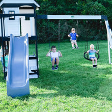 Load image into Gallery viewer, Backyard Discovery Canyon Creek Cedar Wood Swing Set with Wave Slide, Clubhouse, Play Kitchen, Picnic Area, Swings and Rock Wall