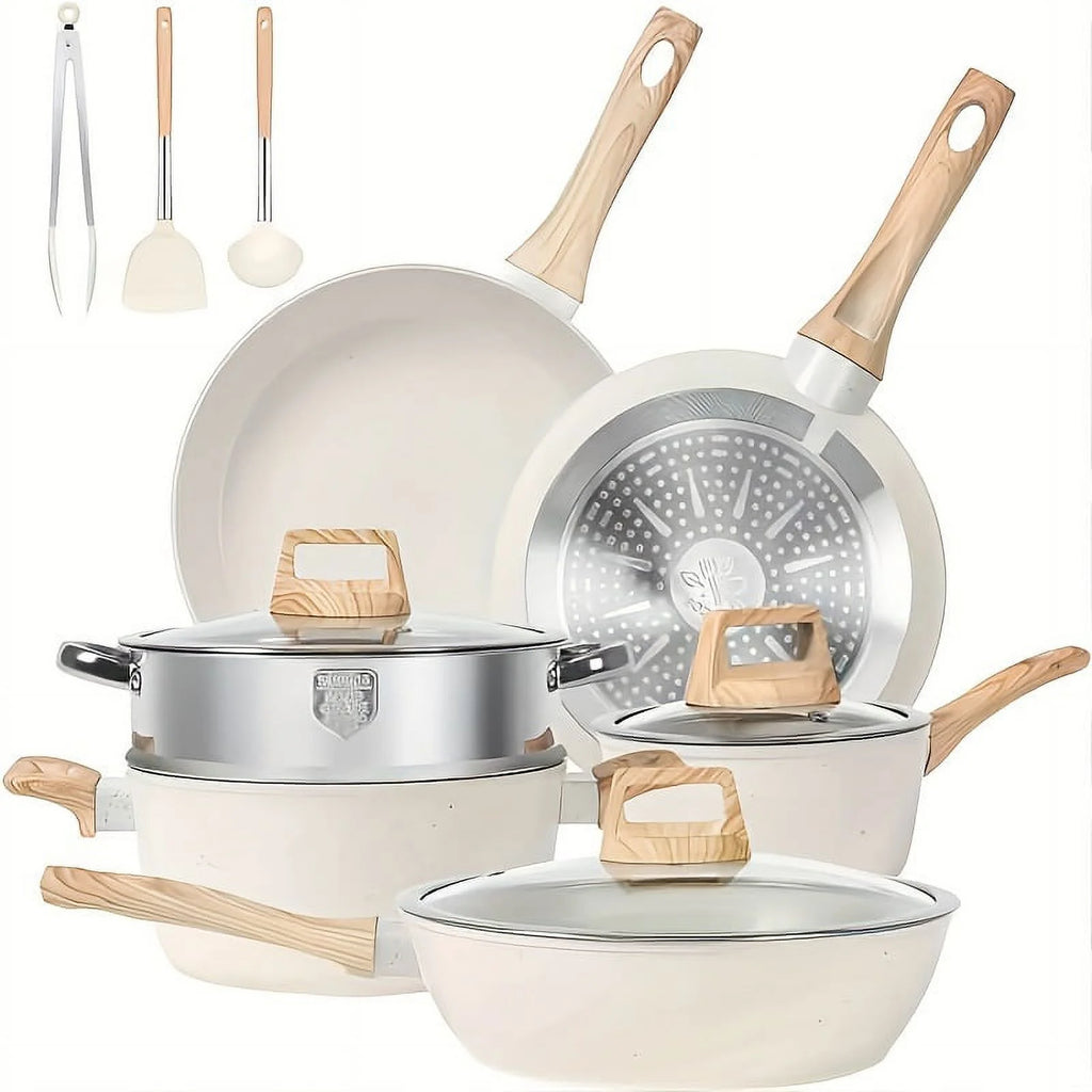 Non - Stick 12 POTS and Pans Set, Cookware Set, Including Frying Pan, Steamer, Silicone Spatula and Tongs - Granite Cooking Set (Black)