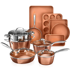 Gotham Steel Hammered 15 Piece Nonstick Cookware and Bakeware Set - Copper
