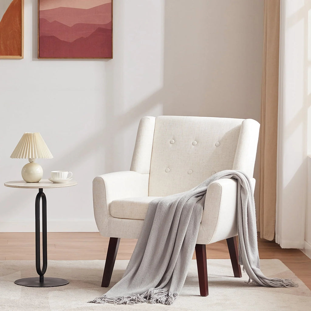 HUIMO Accent Chair, Button Tufted Upholstered Living Room Chairs, Mid Century Modern Comfy Reading Chairs for Bedroom, Living Room, Beige