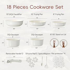 Carote 18 Pcs Ceramic Nonstick Cookware Set, Pots and Pans Set with Detachable Handles, Oven/Dishwasher Safe, Stackable Kitchen Cooking Set, White