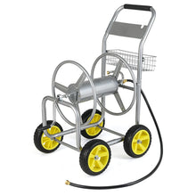 Load image into Gallery viewer, Heavy Duty Metal Garden Hose Reel Cart Holds 300FT of 5/8" Hose with 4 Wheels &amp; Storage Basket, Portable Water Hose Organizer for Yard Lawn