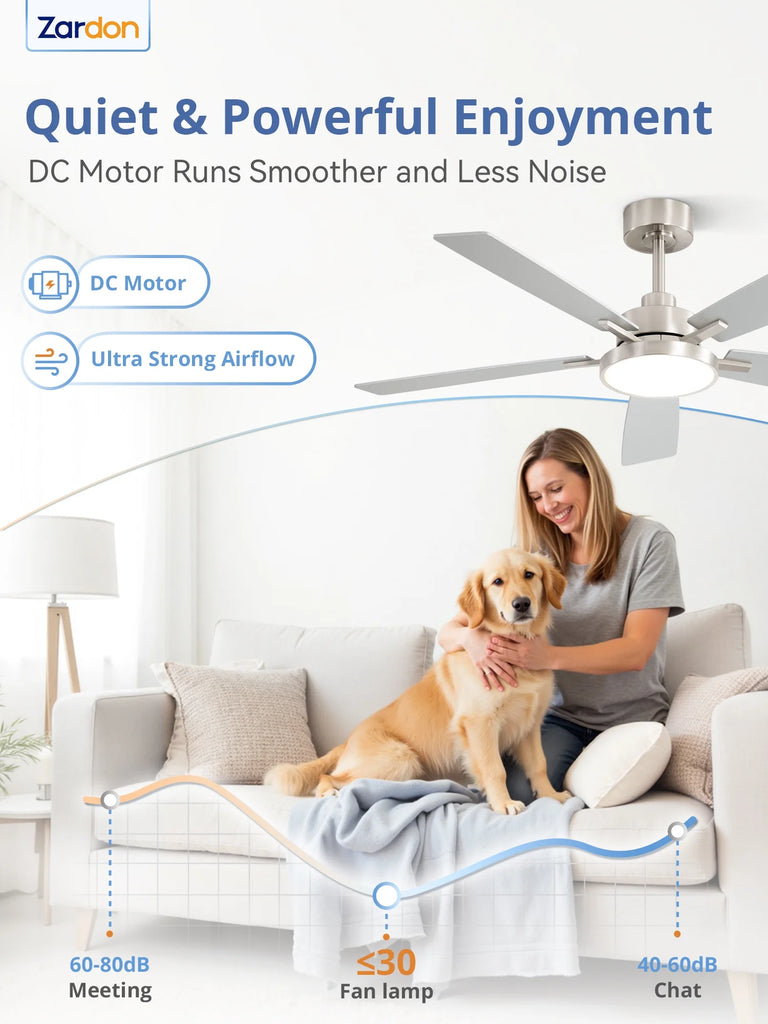 Zardon 52 in Black Ceiling Fan with LED Light and Remote, Downrod 6-Speed and Quiet Reversible DC Motor for Bedroom, Living Room, Indoor