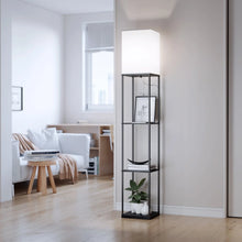 Load image into Gallery viewer, Modern Iron Shelf Floor Lamp with 3 Way Dimmable LED Bulb, Shelves and White Shade for Living Room and Bedroom(Black)