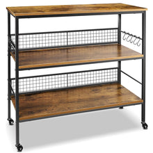 Load image into Gallery viewer, Behost 3-Tier Rolling Cart Microwave Stand with 10 Hooks, Coffee Bar Kitchen Storage Rack Organizer, Rustic Brown