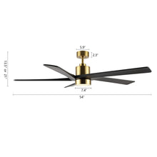 Load image into Gallery viewer, WINGBO 54 DC Ceiling Fan with Lights and Remote Control, 5 Reversible Carved Wood Blades Brass/Black