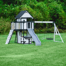 Load image into Gallery viewer, Backyard Discovery Canyon Creek Cedar Wood Swing Set with Wave Slide, Clubhouse, Play Kitchen, Picnic Area, Swings and Rock Wall