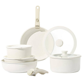 Carote 11pcs Pots and Pans Set, Nonstick Cookware Sets Detachable Handle, Induction RV Kitchen Set Removable Handle, Oven Safe, Cream White