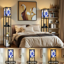 Load image into Gallery viewer, Floor Lamp with Shelves, Modern Dimmable Standing Lamp Floral Corner Display Bookshelf Lamp with 2 USB &amp; 1 Power Outlet for Living Room &amp; Bedroom