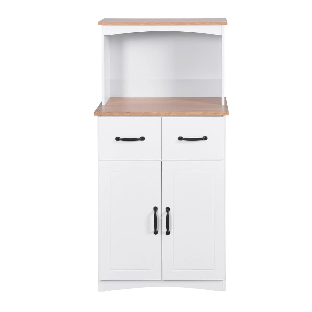 Kitchen Storage Cabinet Pantry Cabinet, White Storage Cupboard Pantry with 2 Doors, 2 Drawers & Microwave Shelf, Freestanding Kitchen Storage Buffet