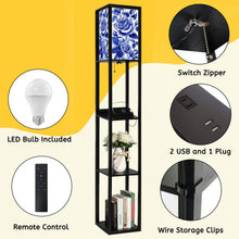Load image into Gallery viewer, Floor Lamp with Shelves, Modern Dimmable Standing Lamp Floral Corner Display Bookshelf Lamp with 2 USB &amp; 1 Power Outlet for Living Room &amp; Bedroom