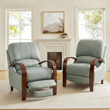 Load image into Gallery viewer, Set of 2 Alex Mid - Century Modern Genuine Leather Manual Recliners with Curved Wooden Arms
