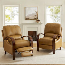 Load image into Gallery viewer, Set of 2 Alex Mid - Century Modern Genuine Leather Manual Recliners with Curved Wooden Arms