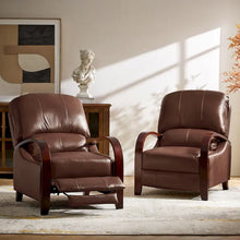 Load image into Gallery viewer, Set of 2 Alex Mid - Century Modern Genuine Leather Manual Recliners with Curved Wooden Arms