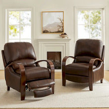 Load image into Gallery viewer, Set of 2 Alex Mid - Century Modern Genuine Leather Manual Recliners with Curved Wooden Arms