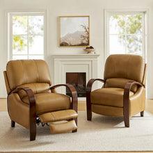 Load image into Gallery viewer, Set of 2 Alex Mid - Century Modern Genuine Leather Manual Recliners with Curved Wooden Arms