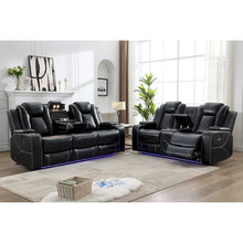 Load image into Gallery viewer, Black Power Reclining Sofa with Wireless Charger, Reading Light, Faux Leather, LED Lighting, AC/USB Ports, and Cup Holder for Living Room