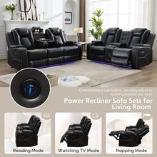 Load image into Gallery viewer, Black Power Reclining Sofa with Wireless Charger, Reading Light, Faux Leather, LED Lighting, AC/USB Ports, and Cup Holder for Living Room