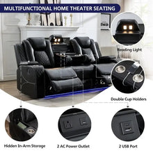 Load image into Gallery viewer, Black Power Reclining Sofa with Wireless Charger, Reading Light, Faux Leather, LED Lighting, AC/USB Ports, and Cup Holder for Living Room