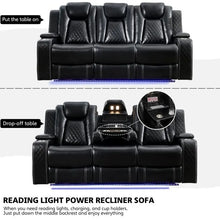 Load image into Gallery viewer, Black Power Reclining Sofa with Wireless Charger, Reading Light, Faux Leather, LED Lighting, AC/USB Ports, and Cup Holder for Living Room