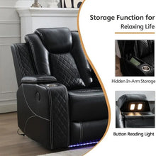 Load image into Gallery viewer, Black Power Reclining Sofa with Wireless Charger, Reading Light, Faux Leather, LED Lighting, AC/USB Ports, and Cup Holder for Living Room
