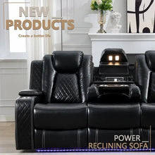 Load image into Gallery viewer, Black Power Reclining Sofa with Wireless Charger, Reading Light, Faux Leather, LED Lighting, AC/USB Ports, and Cup Holder for Living Room