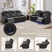 Load image into Gallery viewer, Black Power Reclining Sofa with Wireless Charger, Reading Light, Faux Leather, LED Lighting, AC/USB Ports, and Cup Holder for Living Room