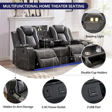 Load image into Gallery viewer, Black Power Reclining Sofa with Wireless Charger, Reading Light, Faux Leather, LED Lighting, AC/USB Ports, and Cup Holder for Living Room