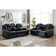 Load image into Gallery viewer, Black Power Reclining Sofa with Wireless Charger, Reading Light, Faux Leather, LED Lighting, AC/USB Ports, and Cup Holder for Living Room
