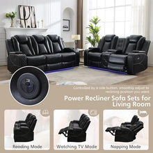 Load image into Gallery viewer, Black Power Reclining Sofa with Wireless Charger, Reading Light, Faux Leather, LED Lighting, AC/USB Ports, and Cup Holder for Living Room
