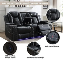 Load image into Gallery viewer, Black Power Reclining Sofa with Wireless Charger, Reading Light, Faux Leather, LED Lighting, AC/USB Ports, and Cup Holder for Living Room