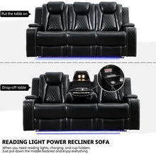 Load image into Gallery viewer, Black Power Reclining Sofa with Wireless Charger, Reading Light, Faux Leather, LED Lighting, AC/USB Ports, and Cup Holder for Living Room